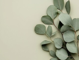 Eucalyptus Leaves on Sage Green Background.