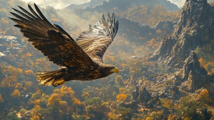 Fototapeta premium Majestic Golden Eagle Soaring Over Rugged Mountains and Vibrant Autumn Landscape