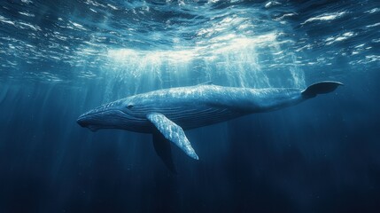 Fototapeta premium Majestic Whale Swimming Gracefully Beneath Sunlit Ocean Waters in Serene Deep Blue Environment