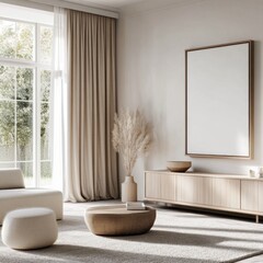 Minimalist living room with large window, beige curtains, wooden furniture, and pampas grass.