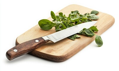 Kitchen Knife on Wooden Cutting Board Surrounded by Fresh Herbs, Perfect for Culinary Preparation and Food Photography