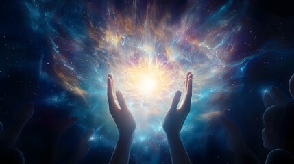 A mystical healer blessing a group of people, with an aura of energy flowing from their hands