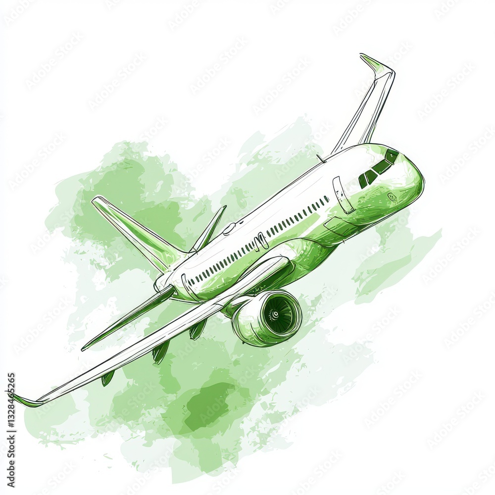 Poster sketch of a modern airplane in flight with green watercolor splash background and without any specif
