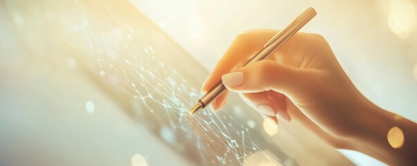 A hand holding a pen over a digital interface screen