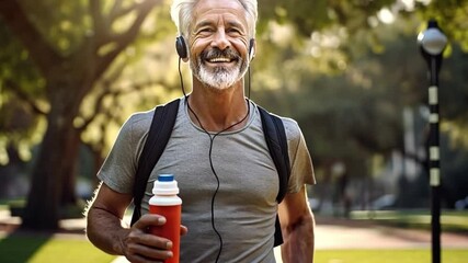 Active Senior Jogging: A content senior man in workout gear, headphones on, enjoys an outdoor jog, a water bottle in hand, and backpack on shoulders, in the park bathed in golden sunlight. - Powered by Adobe