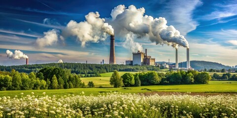 Industrial Complex Amidst Serene Meadows Contrasting Views of Progress and Nature's Tranquility