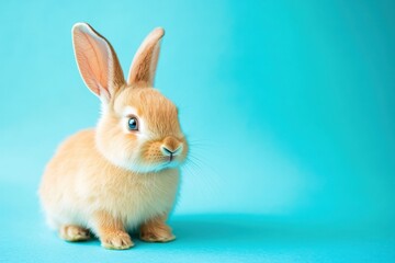Obraz premium Cute baby rabbit sitting against a bright blue backdrop, radiating warmth and playfulness. Generated AI