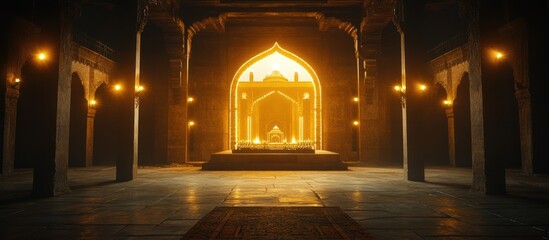 A grand interior architectural space with ornate arches and golden light