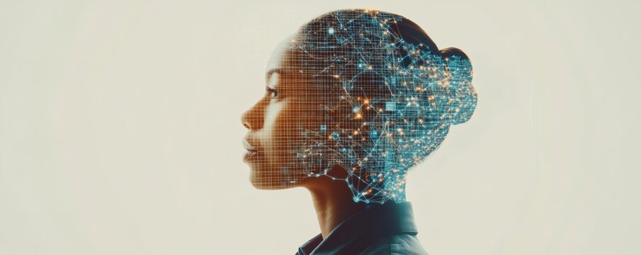 An African American woman with a digital network overlaid on her head