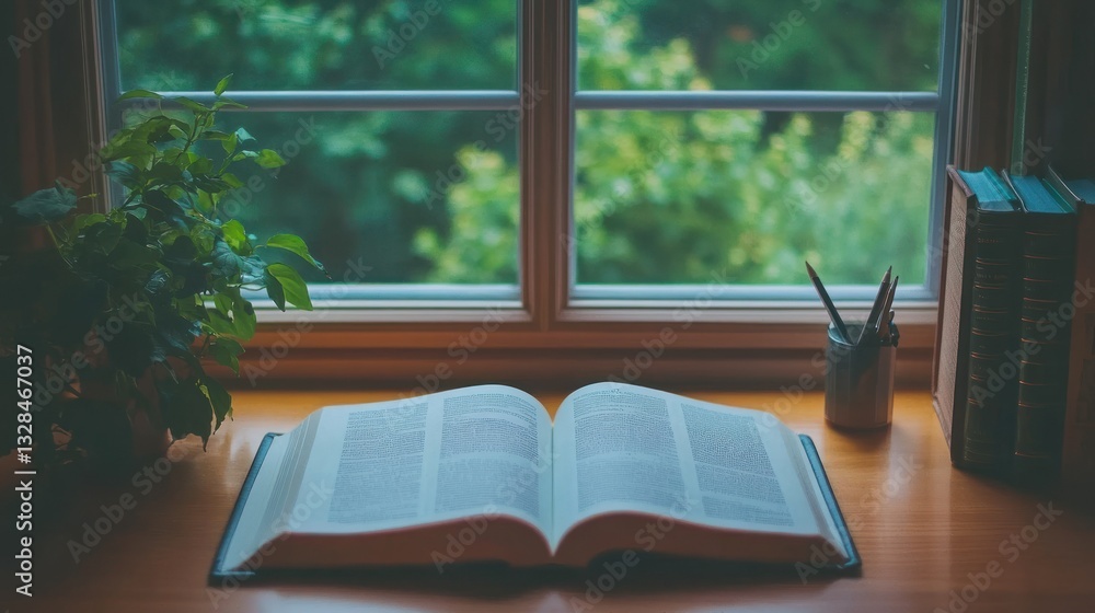 Poster an open book sits on a table near a window