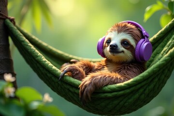 Obraz premium Relaxing Sloth in Hammock Listening to Music with Headphones
