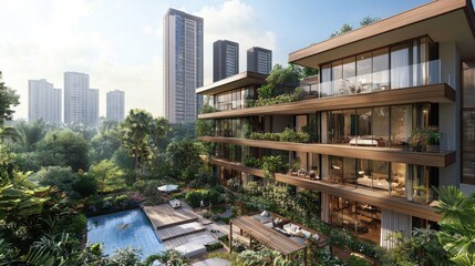 Obraz premium Modern Sustainable Architecture with Lush Greenery and Urban Backdrop in Contemporary Residential Community
