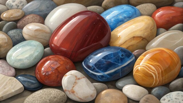 "Colourful Polished Stones and Gem-Like Pebbles Background"
