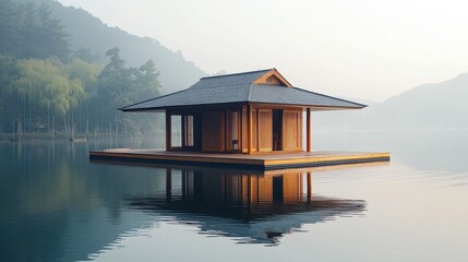 Fototapeta premium Serene Wooden Pavilion on Tranquil Lake Surrounded by Lush Greenery and Misty Mountains