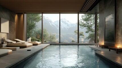 Fototapeta premium Serene Indoor Pool Overlooking Majestic Mountain Landscape with Natural Light and Relaxing Atmosphere