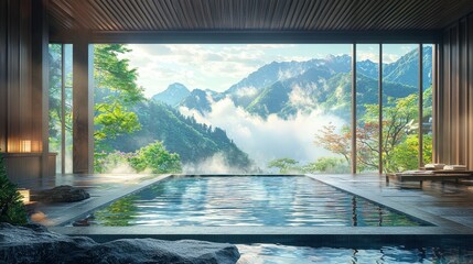 Serene Mountain View from Modern Spa with Hot Tub Overlooking Lush Forest and Misty Peaks in Tranquil Nature Setting