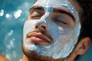 Fototapeta premium Man with a white facial mask, eyes closed. Perfect for skincare, beauty, and self-care content.
