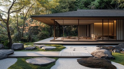 Fototapeta premium Tranquil Modern Home Surrounded by Lush Greenery and Serene Zen Garden Elements for Relaxation and Harmony