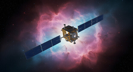 Obraz premium Spacecraft in a vibrant nebula, showcasing technological advancement.