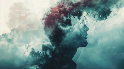 A creative double exposure portrait with a silhouette blending into a cloudy sky, evoking a dreamlike, ethereal atmosphere..