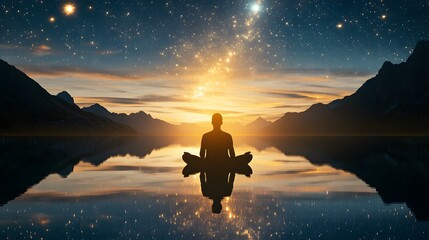 A spiritual guide floating above a tranquil lake, their reflection shimmering below