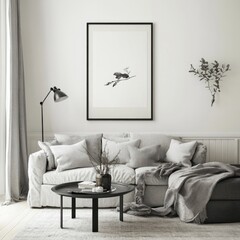 Minimalist living room with monochrome bird art print above sofa.