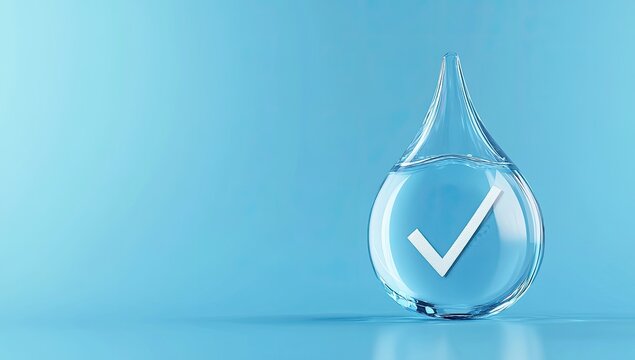 Clear Water Drop with Checkmark on Blue Background