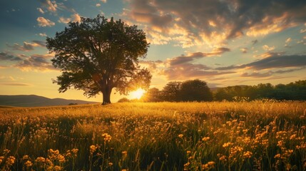 A lone tree stands in a golden field at sunset, casting a striking silhouette against the vibrant sky and distant mountains..