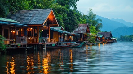 Naklejka premium Serene Waterside View of Cozy Wooden Cabins Under Twilight Sky in Lush Green Mountain Landscape