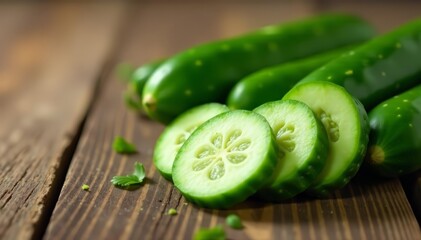 Fresh green cucumber slices on a rustic wood table, organic farming, healthy veggie, food background, organic, table, wood
