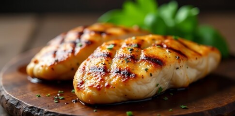 Grilled chicken breast with grill marks, macro view, meal, cooking, BBQ