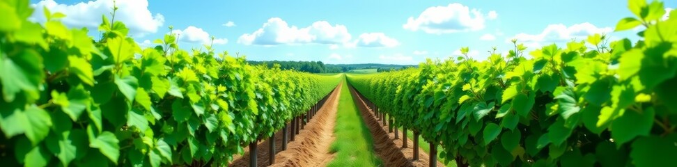 Obraz premium Lush green vineyard rows under blue sky, agricultural landscape, vine trellis, plantation, farming