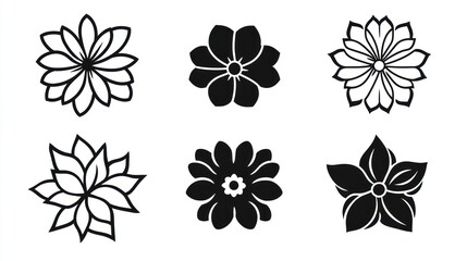 Six black and white flower icons; design elements; white background; graphic design