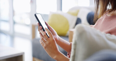 Woman, hands or scroll with phone on sofa for text message notification, dating site or online...