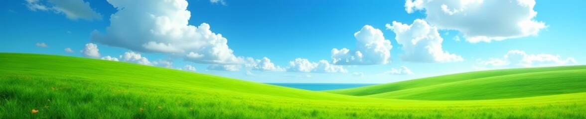 Obraz premium Lush green landscape under a bright blue summer sky, atmosphere, sunny, clear