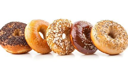 A Row of Five Different Types of Bagels Isolated