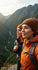 Naklejka premium Adventurous hikers enjoy breathtaking mountain view at sunrise in scenic wilderness