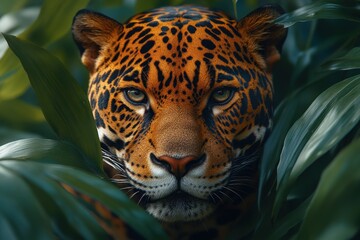 Obraz premium Majestic jaguar peers through lush foliage in a vibrant rainforest habitat during golden hour