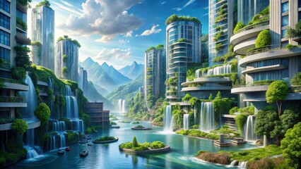 Obraz premium Futuristic Cityscape with Waterfalls and Lush Greenery in Nature