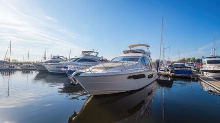 Fototapeta premium Luxurious Motor Yachts Docked at Marina on Calm Water Under Bright Blue Sky