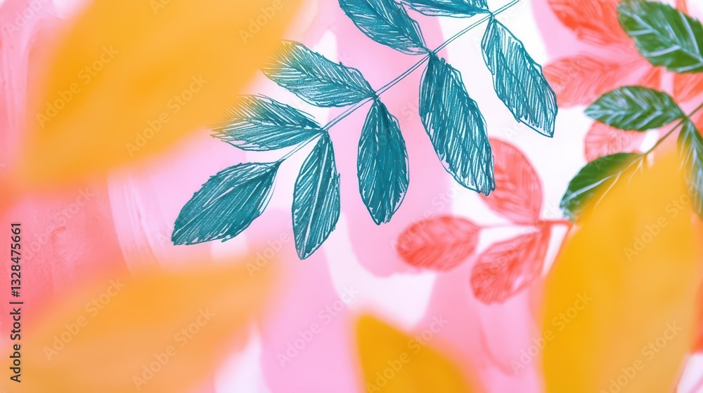 Poster abstract representations of seasonal changes merge with intricate botanical sketches, reflecting nat