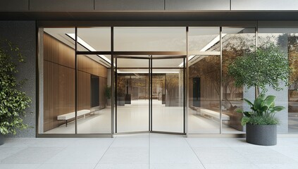 Modern Building Entrance:  Elegant Glass Doors and Lobby Design with Lush Greenery