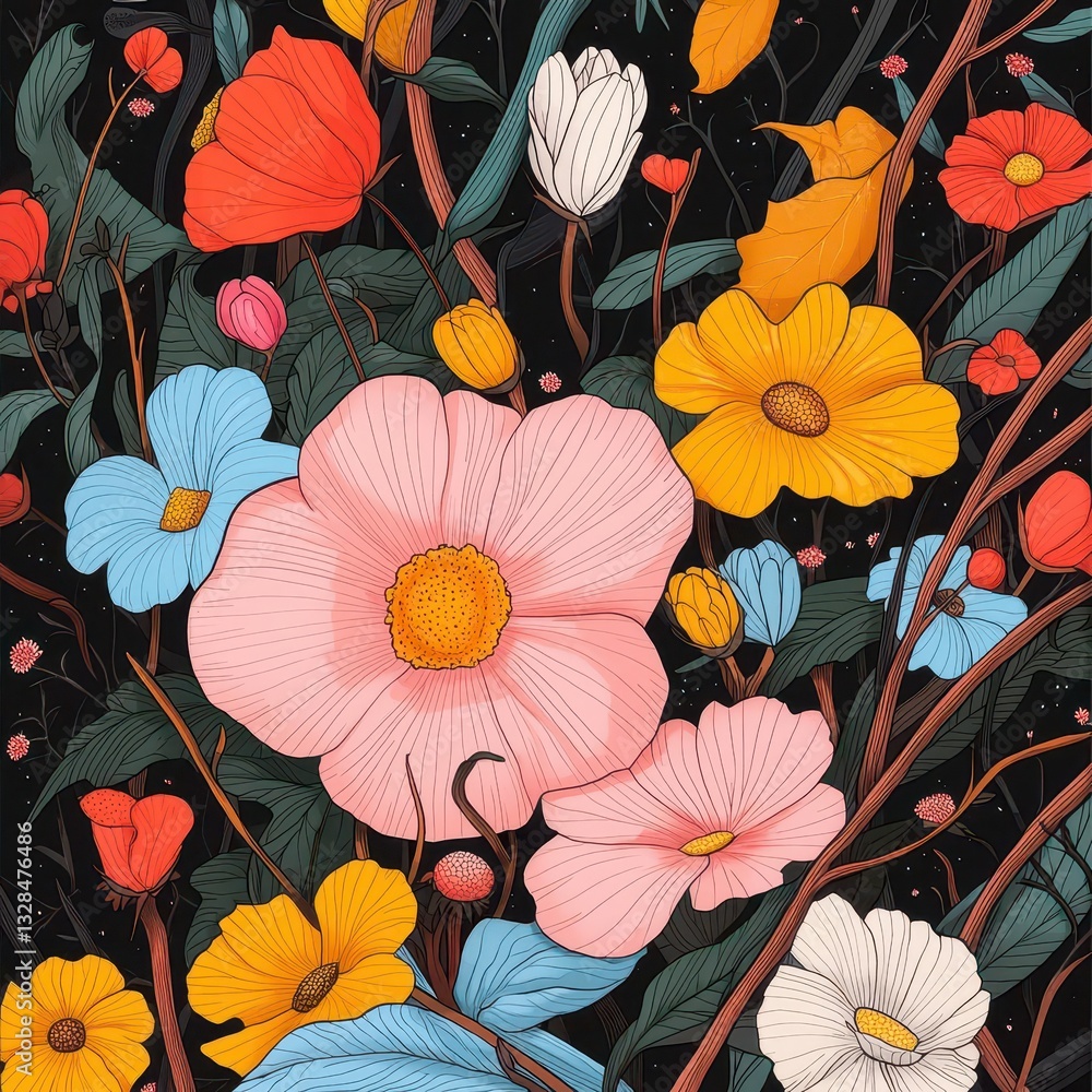 Poster a dynamic interplay of light and shadow highlights the beauty of seasonal botanical elements, creati