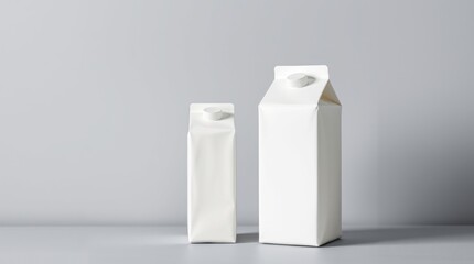 Two White Blank Milk Cartons Standing Side by Side on Gray Background