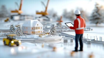 Construction manager inspecting model home with tablet in hand winter landscape architectural photography outdoor setting professional perspective building innovation