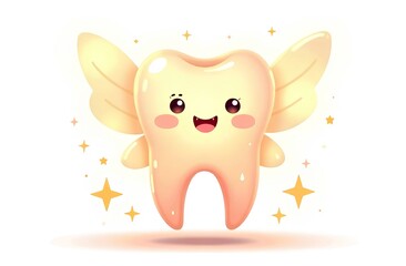 Luminous tooth fairy with a cute face, transparent flickering wings, and glowing magical sparks