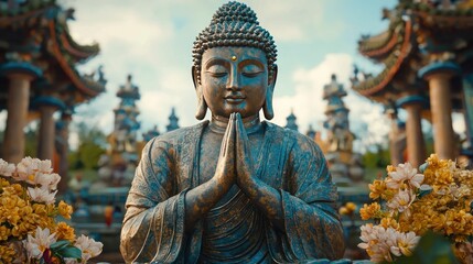Obraz premium Serene Buddha statue praying, temple gardens, Asia