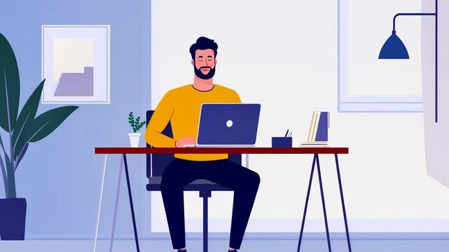 Animated man working from home at his desk with laptop and looking very productive