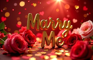 Marry me - romantic postcard poster with red roses and hearts