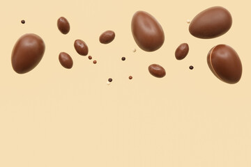 Fototapeta premium Tasty chocolate eggs flying on beige background